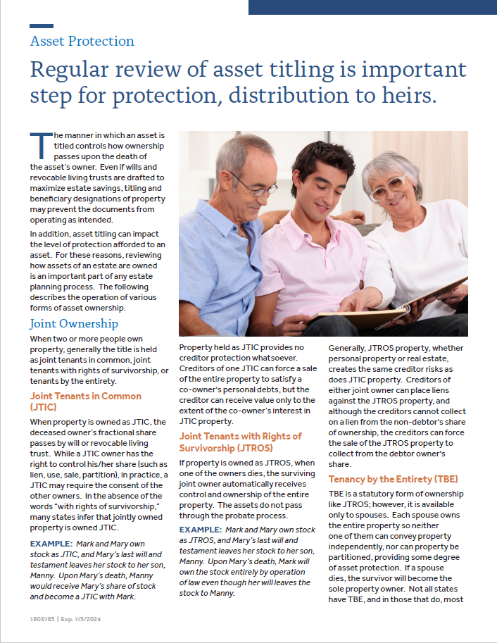 Regular review of asset titling is important step for protection, distribution to heirs